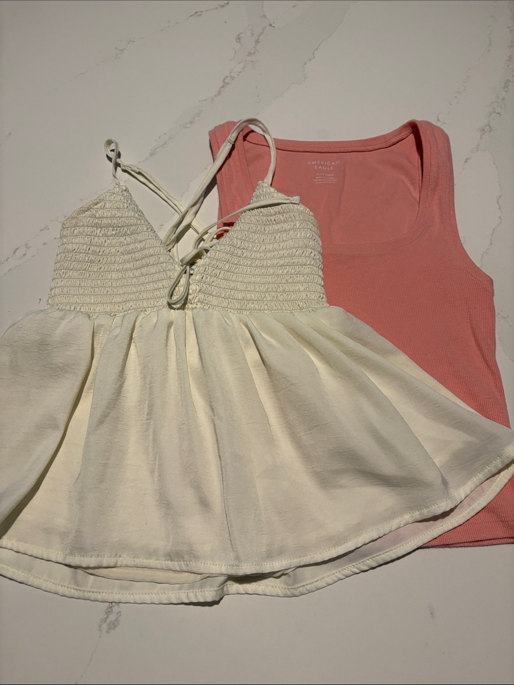 American Eagle Outfitters Cream Smocked Lace-Up Cami/coral Tank XS